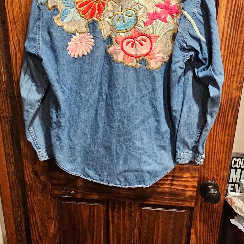 Vintage Upcycled Embroidered Floral Denim Shacket Asian Style Boho Reworked S